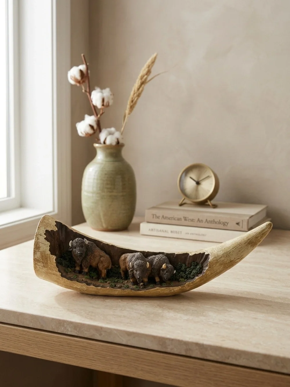 Faux Horn Resin Three Buffalo Relief Sculpture Western Wall Decor